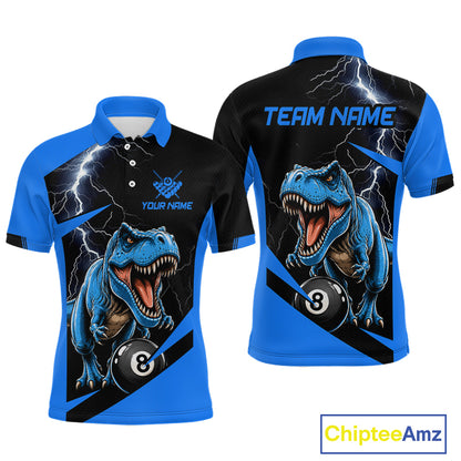 Front and back views of a custom short-sleeve polo shirt featuring a blue and black dinosaur design with lightning bolts, a 8-ball graphic, and customizable text areas.