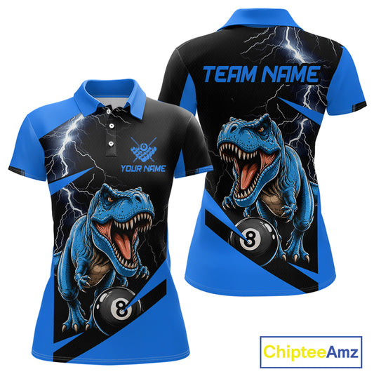 Front and back views of a custom short-sleeve polo shirt featuring a blue and black graphic design with a roaring T-Rex dinosaur, lightning bolts, and an 8-ball pool cue. The front has a blue collar and sleeve cuffs, and the back has 'TEAM NAME' printed in blue at the upper back.