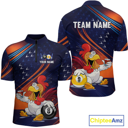 Front and back views of a short-sleeve athletic quarter-zip shirt with a dark blue and orange abstract pattern, featuring cartoon rooster graphics, a 9-ball pool ball, and customizable text fields on the chest and back.