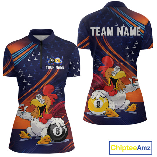 Customizable women's short-sleeve polo shirt shown from front and back on a white background. The shirt features a dark navy base with orange and blue diagonal stripes, a cartoon rooster holding pool balls, and placeholder text 'TEAM NAME' and 'YOUR NAME'.