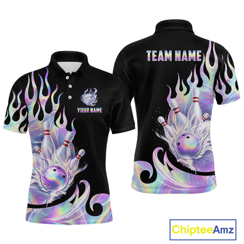 Custom Holographic Flame Bowling Shirt for Men Bowling League Jersey Polo & 1/4-Zip QZT1307