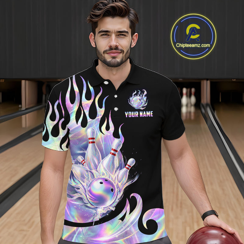 Custom Holographic Flame Bowling Shirt for Men Bowling League Jersey Polo & 1/4-Zip QZT1307
