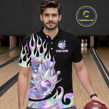 Custom Holographic Flame Bowling Shirt for Men Bowling League Jersey Polo & 1/4-Zip QZT1307