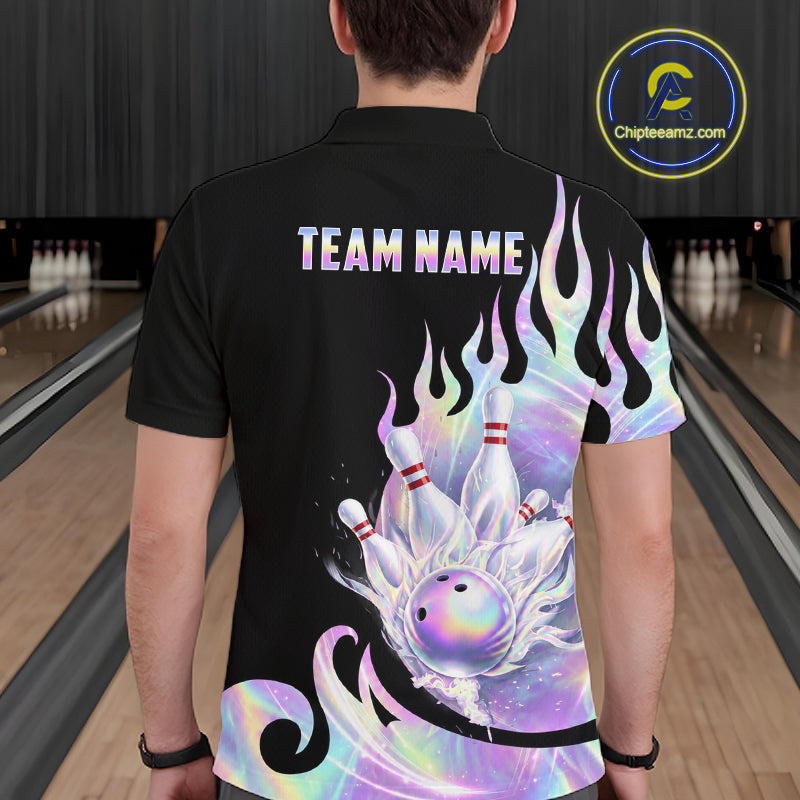 Custom Holographic Flame Bowling Shirt for Men Bowling League Jersey Polo & 1/4-Zip QZT1307