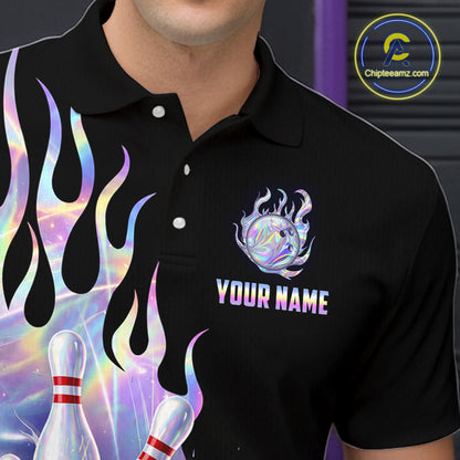 Custom Holographic Flame Bowling Shirt for Men Bowling League Jersey Polo & 1/4-Zip QZT1307