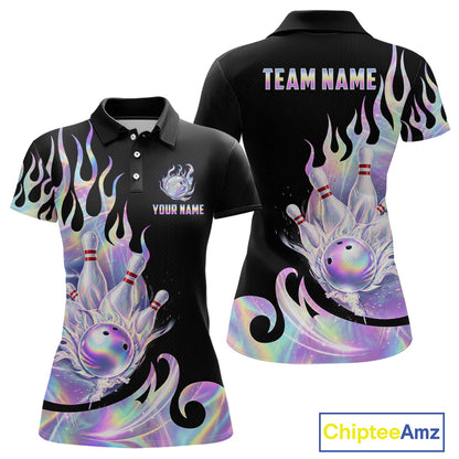 Custom Holographic Flame Bowling Shirt for Women Bowling League Jersey Polo & 1/4-Zip QZT1307
