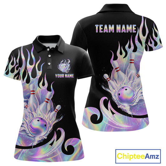 Custom Holographic Flame Bowling Shirt for Women Bowling League Jersey Polo & 1/4-Zip QZT1307