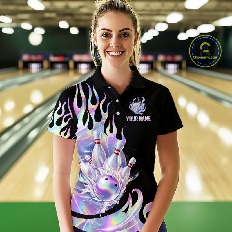 Custom Holographic Flame Bowling Shirt for Women Bowling League Jersey Polo & 1/4-Zip QZT1307