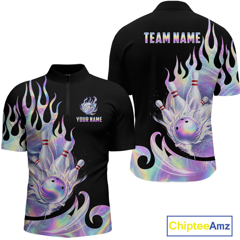 Custom Holographic Flame Bowling Shirt for Men Bowling League Jersey Polo & 1/4-Zip QZT1307