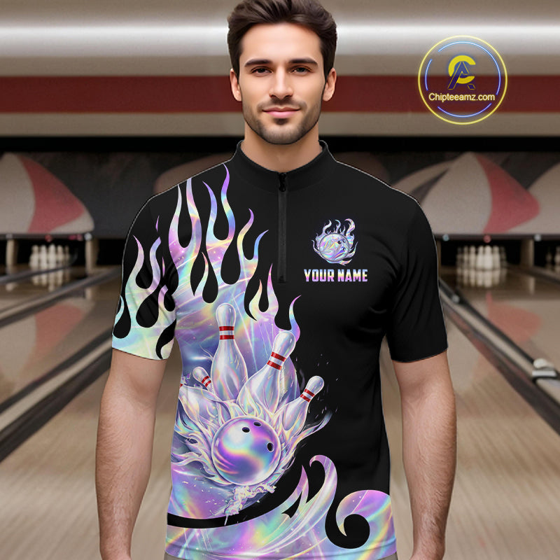 Custom Holographic Flame Bowling Shirt for Men Bowling League Jersey Polo & 1/4-Zip QZT1307