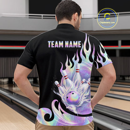 Custom Holographic Flame Bowling Shirt for Men Bowling League Jersey Polo & 1/4-Zip QZT1307
