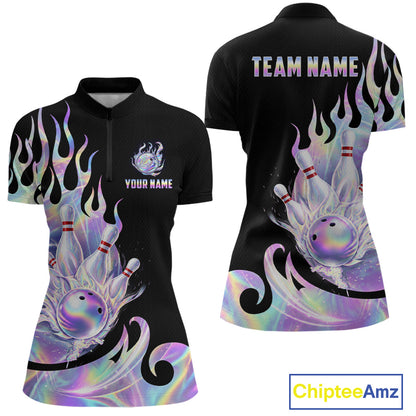 Custom Holographic Flame Bowling Shirt for Women Bowling League Jersey Polo & 1/4-Zip QZT1307