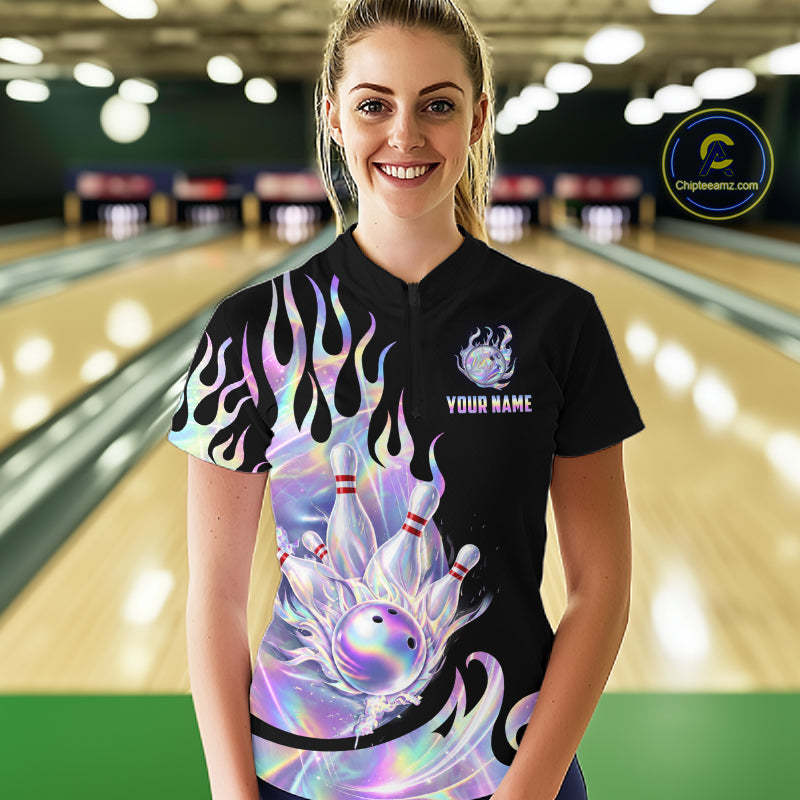 Custom Holographic Flame Bowling Shirt for Women Bowling League Jersey Polo & 1/4-Zip QZT1307