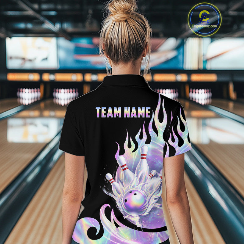 Custom Holographic Flame Bowling Shirt for Women Bowling League Jersey Polo & 1/4-Zip QZT1307