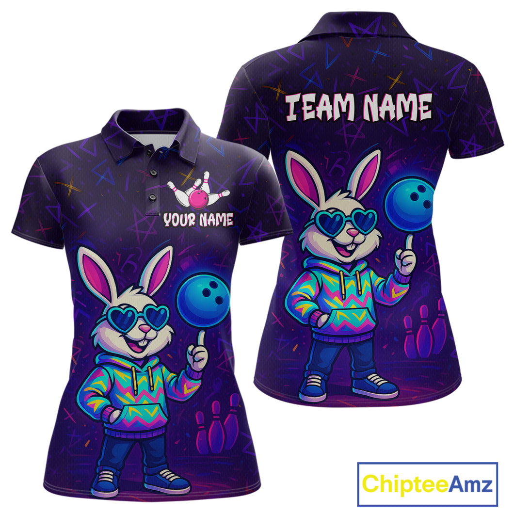 Custom Neon Funny Bunny Bowling Team Shirt Polo & 1/4 Zip Bowling Jersey for Women QZT789