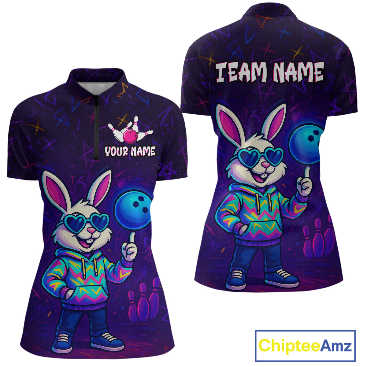 Custom Neon Funny Bunny Bowling Team Shirt Polo & 1/4 Zip Bowling Jersey for Women QZT789