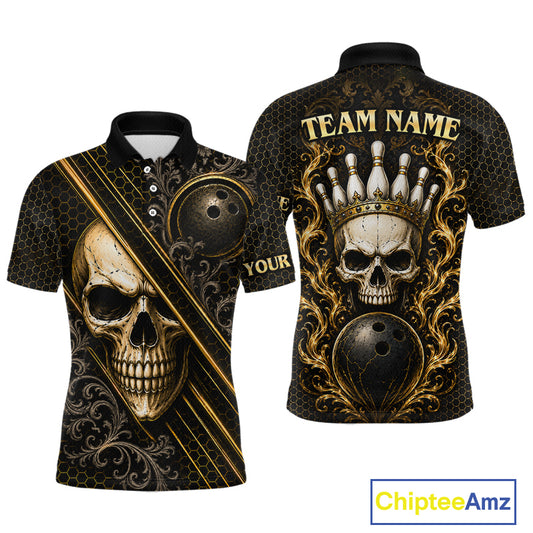 Custom black & gold skull crown bowling polo shirt, front and back views, bowling league jersey for men