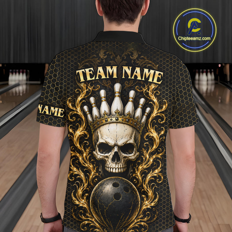 Man wearing custom black & gold skull crown bowling polo shirt, back view mockup, personalized bowling league jersey.