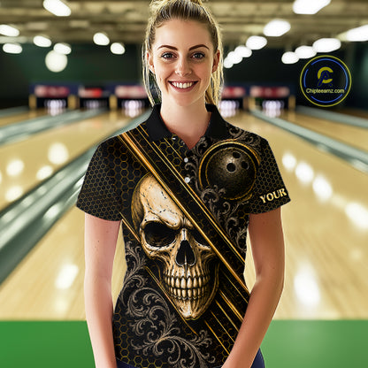 Woman wearing custom black & gold skull crown bowling polo shirt, front view mockup, personalized bowling league jersey.