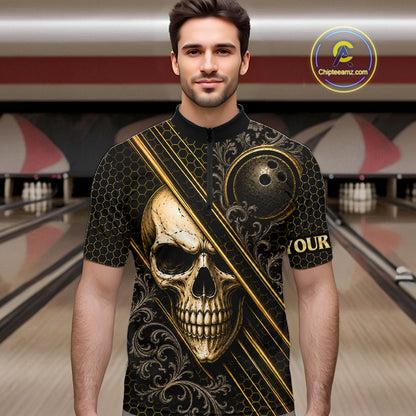 Man wearing custom black and gold skull crown bowling 1/4 zip shirt, front view mockup, personalized bowling league jersey.