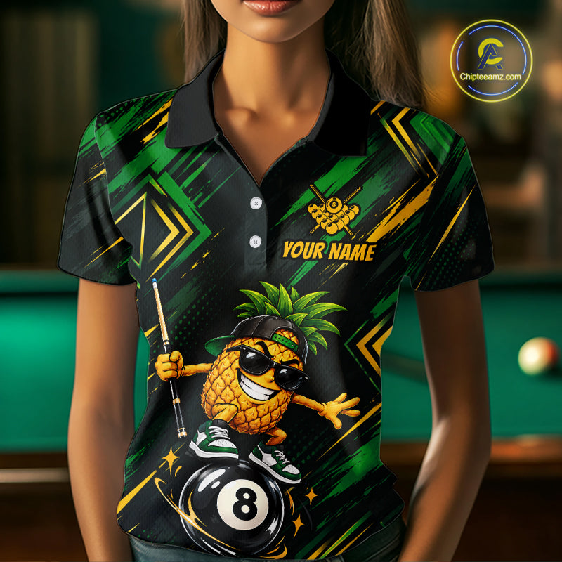 Custom Green Yellow Pineapple 8 Ball Billiard Shirt for Women Funny Billiard Jerseys Polo & 1/4-Zip BHT166