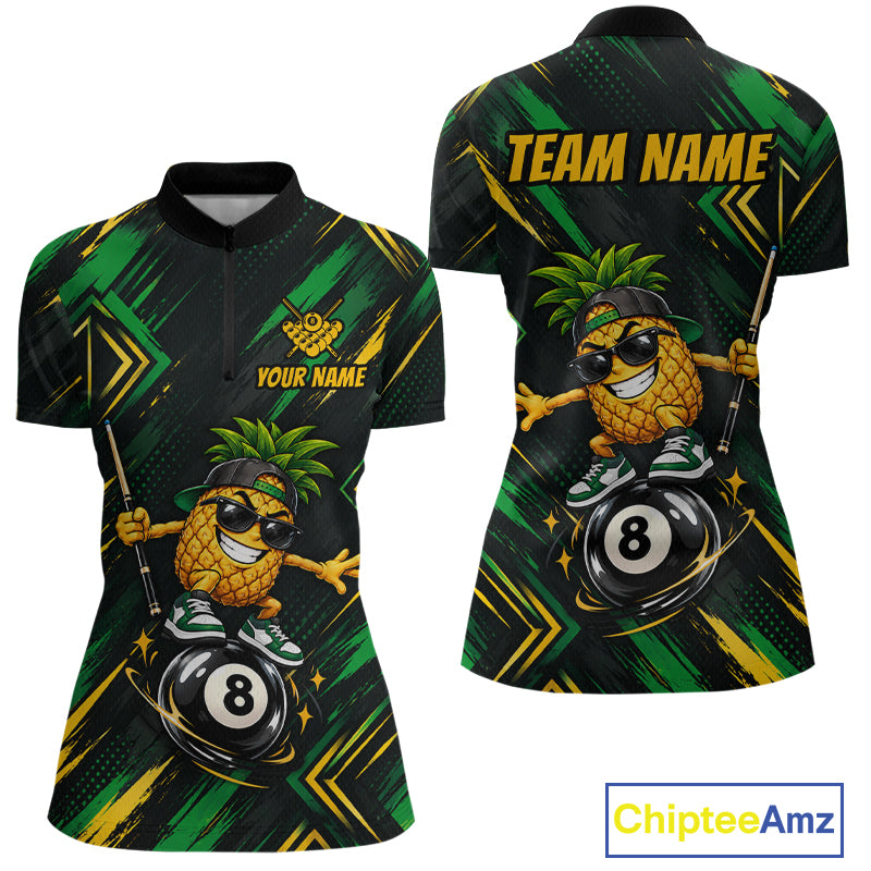 Custom Green Yellow Pineapple 8 Ball Billiard Shirt for Women Funny Billiard Jerseys Polo & 1/4-Zip BHT166