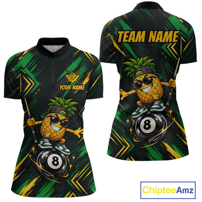 Custom Green Yellow Pineapple 8 Ball Billiard Shirt for Women Funny Billiard Jerseys Polo & 1/4-Zip BHT166
