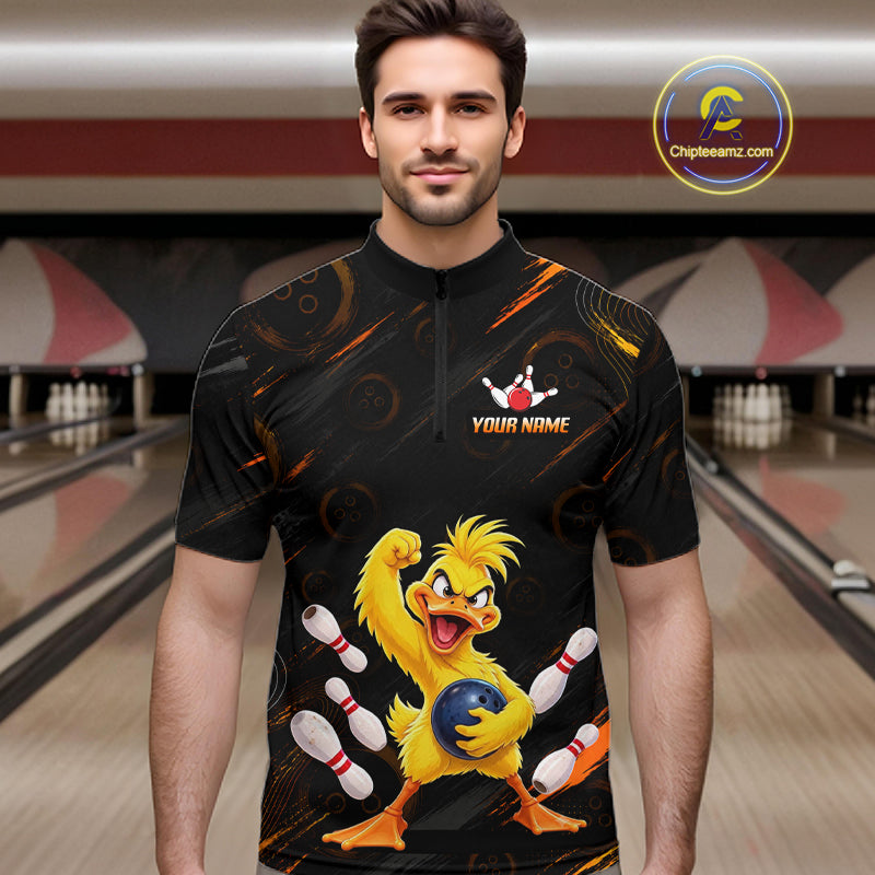 Custom Funny Duck Bowling Shirt for Men Orange Bowling Jersey Polo & 1/4-Zip QZT1311