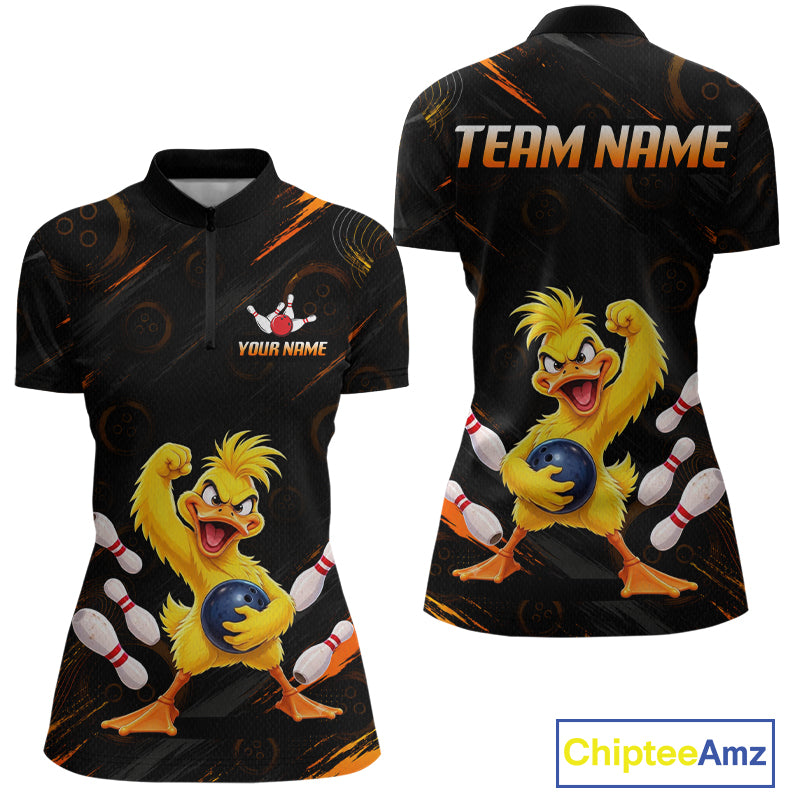 Custom Funny Duck Bowling Shirt for Women Orange Bowling Jersey Polo & 1/4-Zip QZT1311
