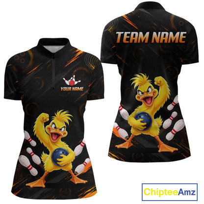Custom Funny Duck Bowling Shirt for Women Orange Bowling Jersey Polo & 1/4-Zip QZT1311