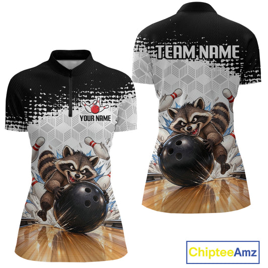 Custom Funny Raccoon Bowling Shirt Black White Bowling Jersey for Women QZT1313