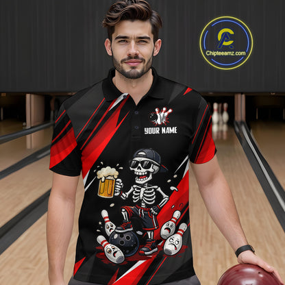Funny Skeleton & Beer Bowling Shirt Custom Red Bowling Jersey Polo & 1/4 Zip Outfit for Men QZT830