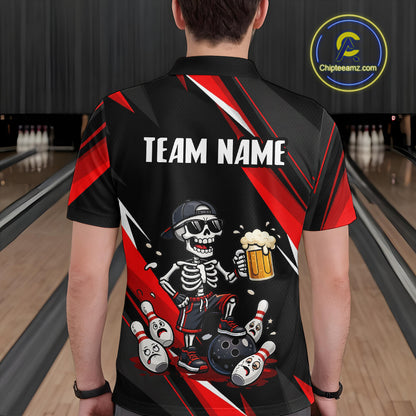 Funny Skeleton & Beer Bowling Shirt Custom Red Bowling Jersey Polo & 1/4 Zip Outfit for Men QZT830