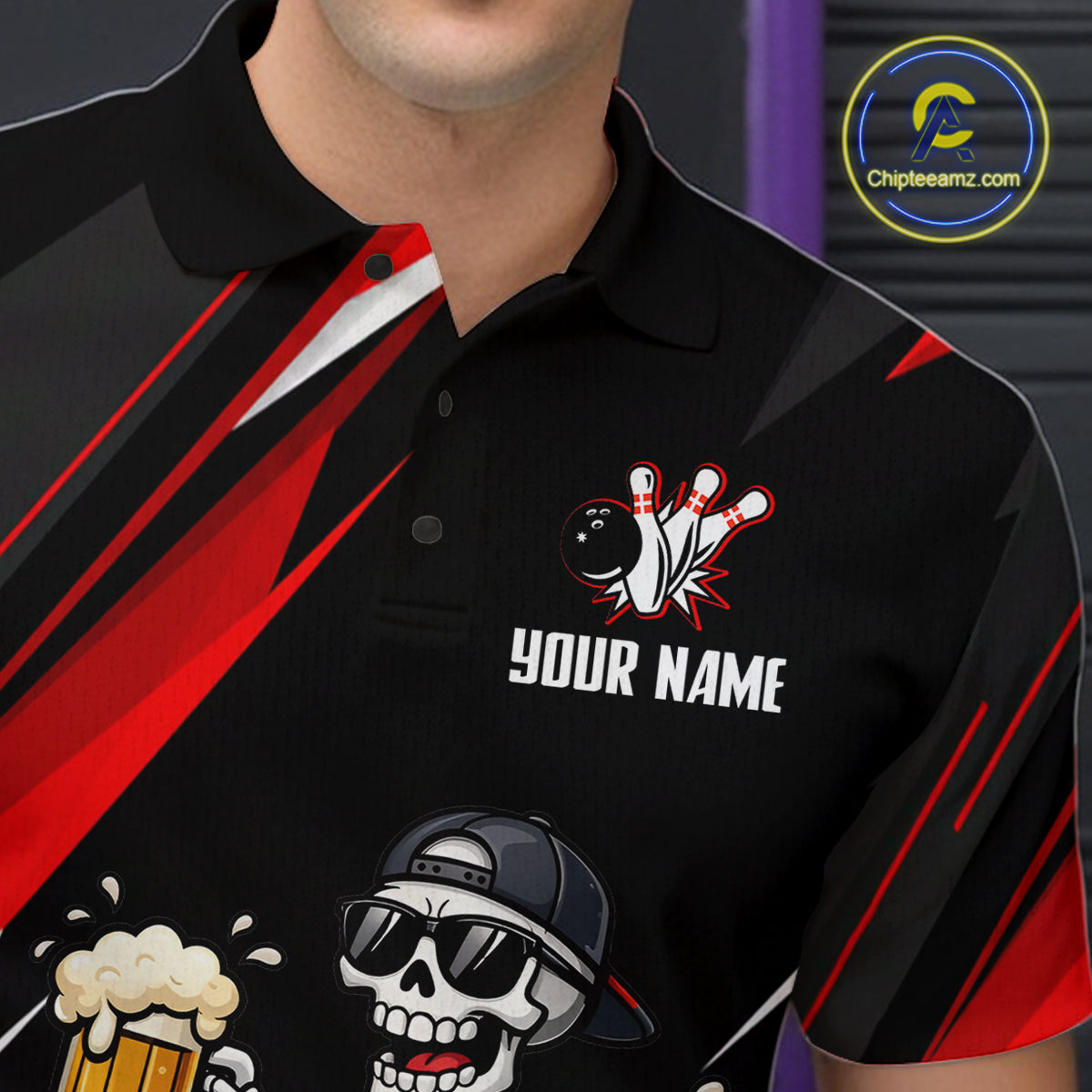 Funny Skeleton & Beer Bowling Shirt Custom Red Bowling Jersey Polo & 1/4 Zip Outfit for Men QZT830