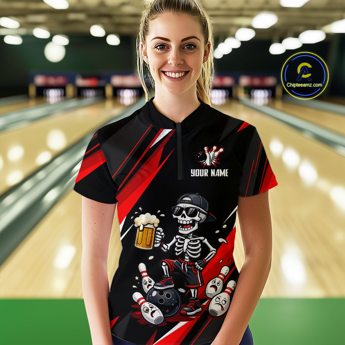 Funny Skeleton & Beer Bowling Shirt Custom Red Bowling Jersey Polo & 1/4 Zip Outfit for Women QZT830