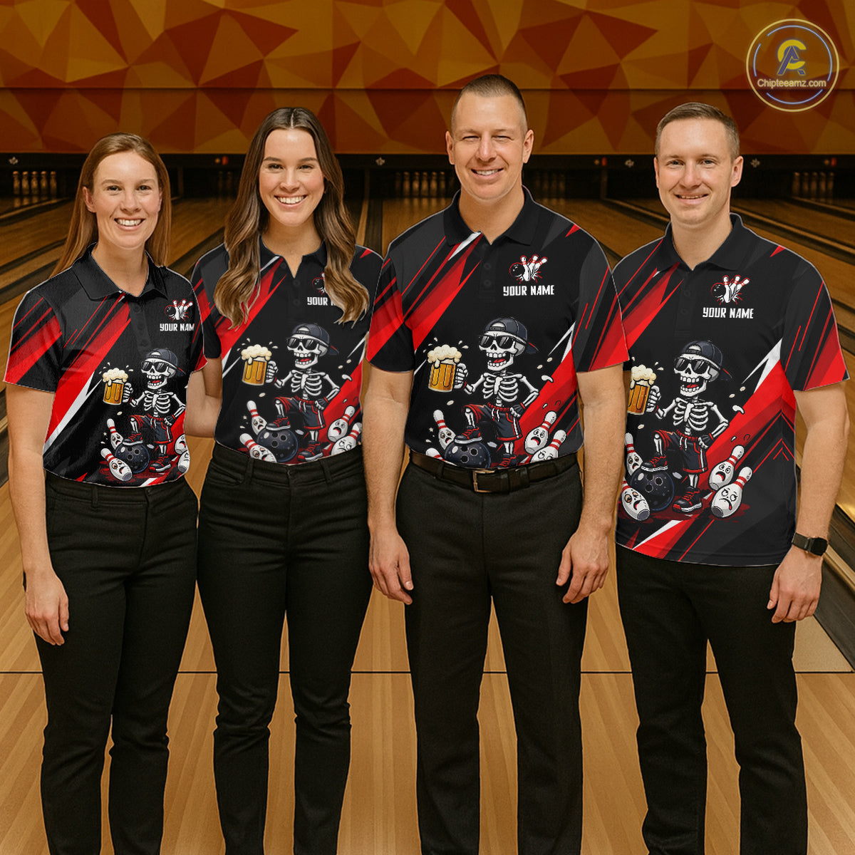 Funny Skeleton & Beer Bowling Shirt Custom Red Bowling Jersey Polo & 1/4 Zip Outfit for Women QZT830