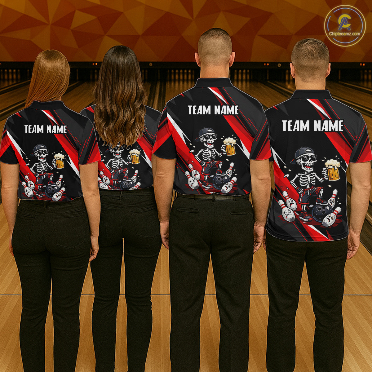 Funny Skeleton & Beer Bowling Shirt Custom Red Bowling Jersey Polo & 1/4 Zip Outfit for Women QZT830