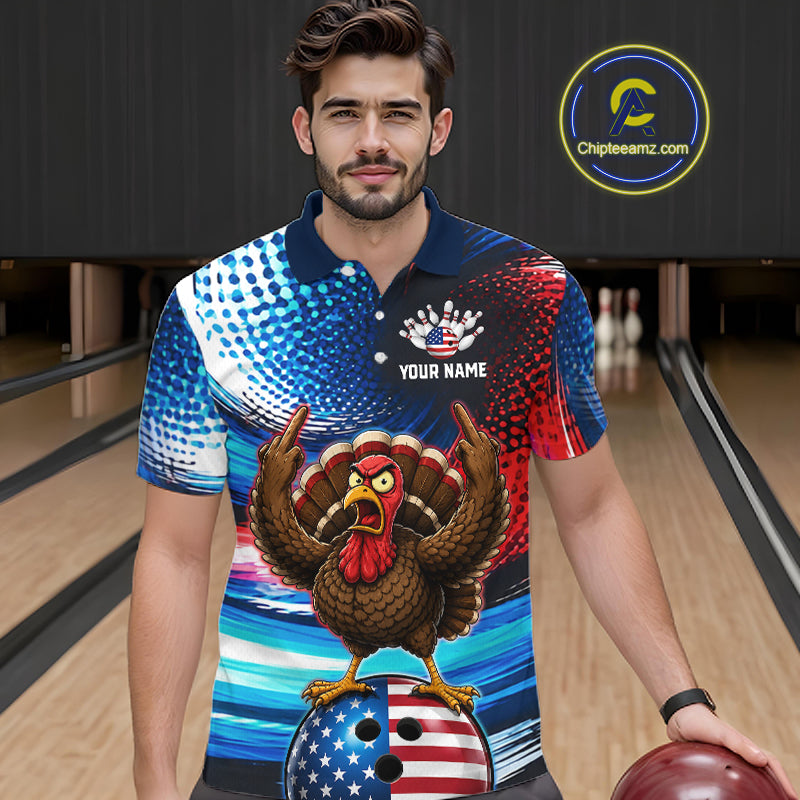 Custom American Flag Turkey Bowling Shirt for Men Funny Bowling Team Jersey QZT1232