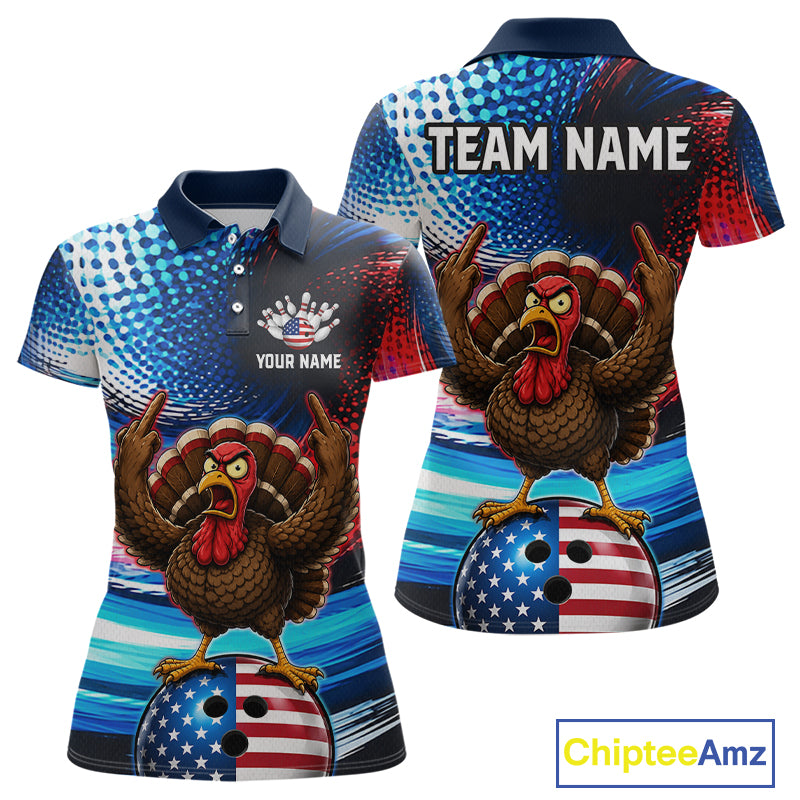 Custom American Flag Turkey Bowling Shirt for Women Funny Bowling Team Jersey QZT1232