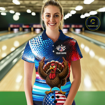 Custom American Flag Turkey Bowling Shirt for Women Funny Bowling Team Jersey QZT1232