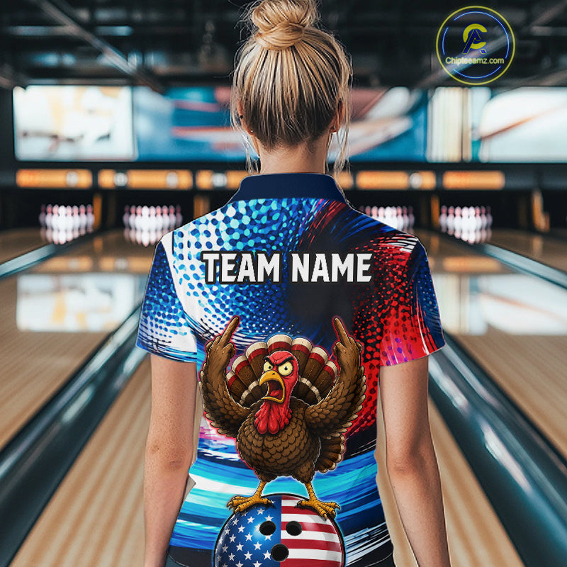 Custom American Flag Turkey Bowling Shirt for Women Funny Bowling Team Jersey QZT1232