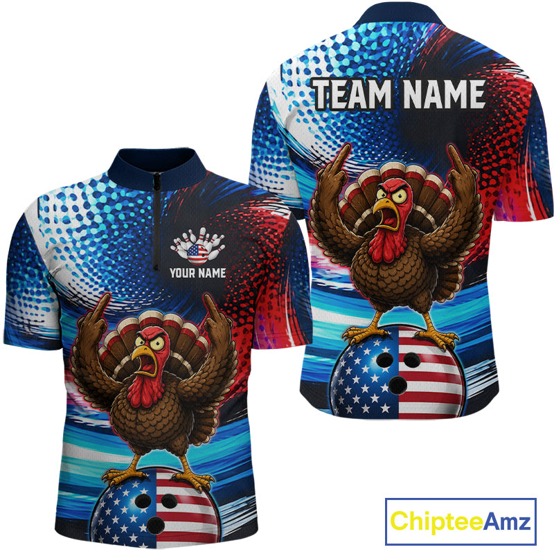 Custom American Flag Turkey Bowling Shirt for Men Funny Bowling Team Jersey QZT1232