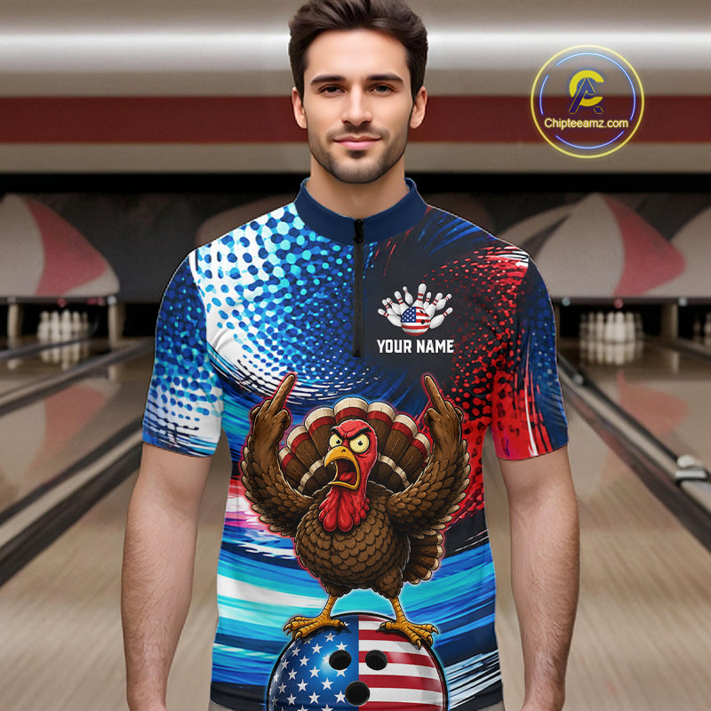 Custom American Flag Turkey Bowling Shirt for Men Funny Bowling Team Jersey QZT1232