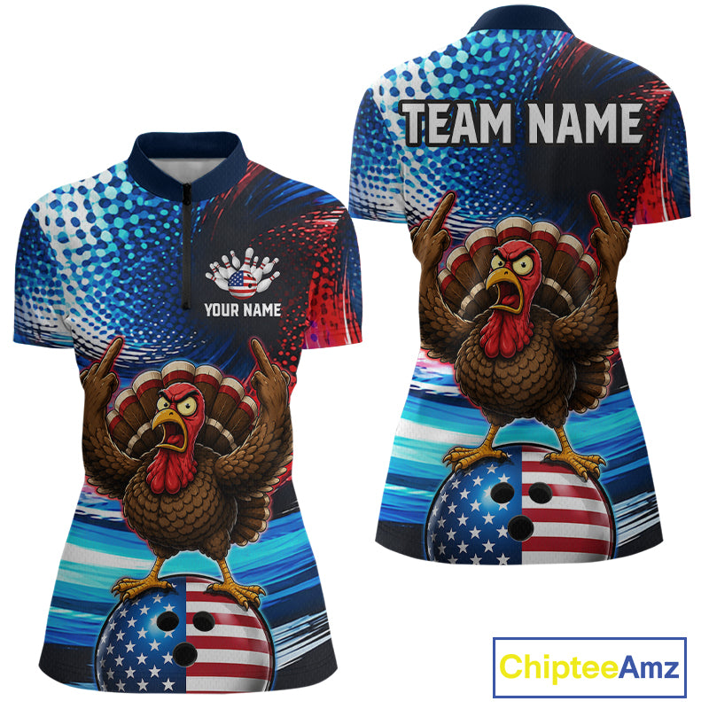 Custom American Flag Turkey Bowling Shirt for Women Funny Bowling Team Jersey QZT1232