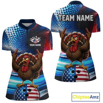 Custom American Flag Turkey Bowling Shirt for Women Funny Bowling Team Jersey QZT1232