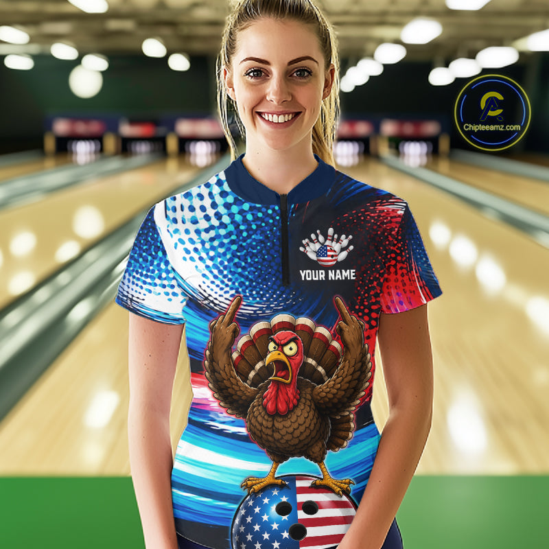 Custom American Flag Turkey Bowling Shirt for Women Funny Bowling Team Jersey QZT1232