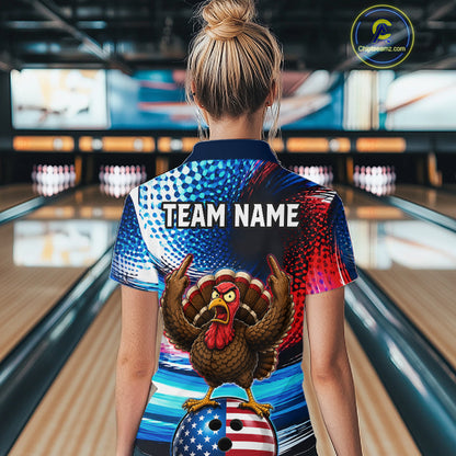 Custom American Flag Turkey Bowling Shirt for Women Funny Bowling Team Jersey QZT1232