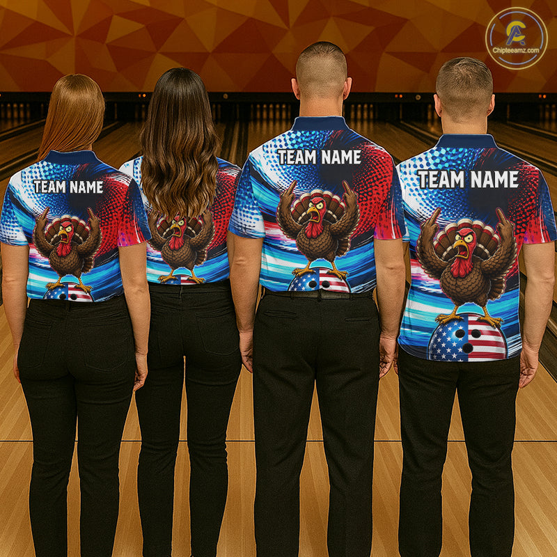Custom American Flag Turkey Bowling Shirt for Women Funny Bowling Team Jersey QZT1232