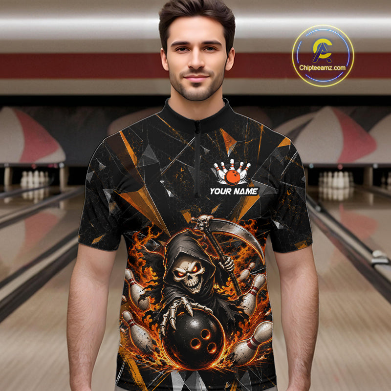 Custom Orange Grim Reaper Bowling Team Shirts for Men Bowling League Jerey Polo & 1/4-Zip QZT1233