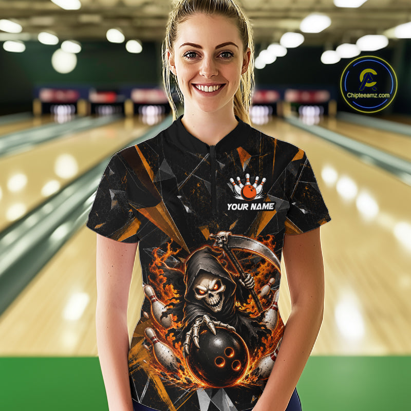Custom Orange Grim Reaper Bowling Team Shirts for Women Bowling League Jerey Polo & 1/4-Zip QZT1233